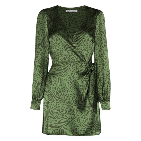 Reformation Kenna Green Silk Leopard Wrap Mini Dress M Long Sleeve Party EUC - Picture 5 of 8
